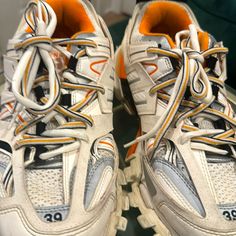 Track Sneaker In White And Orange Mesh And Nylon Orange Balenciaga, Balenciaga Track Trainers, Balenciaga Track Sneaker, Balenciaga Track Sneakers, White Balenciaga, Shoes Orange, Balenciaga Track, White And Orange, Balenciaga Shoes