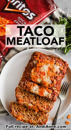 a white plate topped with meatloaf next to a bag of taco meat