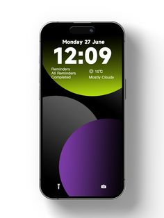 an iphone with the time displayed on it's screen and purple circles around it