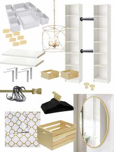 a collage of white and gold items including shelves, mirror, coat rack, clothes hanger, chandelier