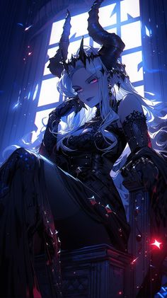 an anime character sitting in front of a window with long white hair and horns on her head