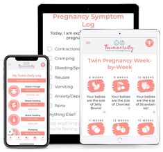 two phones and an ipad showing the baby's pregancy symptm log