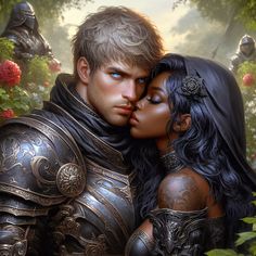 a man and woman in armor kissing each other