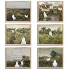 four paintings of white ghost in the grass