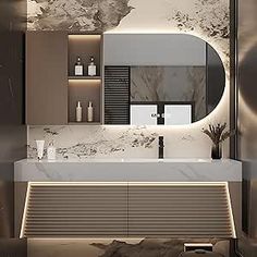 a bathroom with a sink, mirror and lights on the wall above it's counter