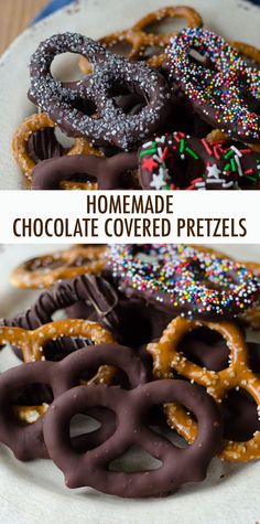 chocolate covered pretzels on a white plate with sprinkles in the middle