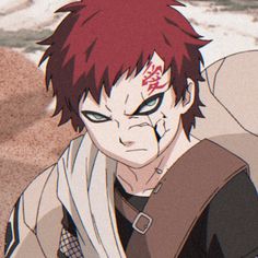 an anime character with red hair and blood on his face is staring at the camera