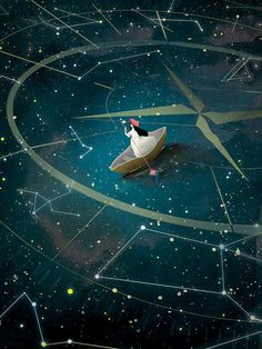 a small boat floating on top of a body of water in the middle of a space filled with stars