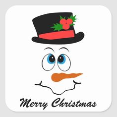 a square sticker with a snowman's face wearing a top hat and nose