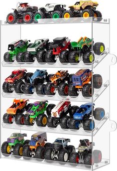 a clear shelf filled with lots of toy trucks