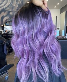 Pastel Purple Ombre Hair, Hair Dye Ideas Purple Lavender, Pastel Purple Hair Dark Roots, Light Purple Hair Balayage, Light Purple Hair Dark Roots, Purple Ash Balayage, Lavender Purple Hair Color, Light Purple Ombre Hair, Purple To Lavender Ombre Hair