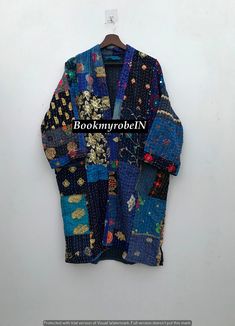 Jaipuri Kantha Kimono, Vintage Patchwork Jacket, Embroidery Jacket Coat, Kantha Jacket Kimono Robe, Handmade Unisex Open Jackets & Coat Message us for Custom / Wholesale / Bulk Order inquiries. This Kimono is made of hand Kantha stitch fabric in patchwork The Fabric is a handmade printed Fabric, opened Embroidery Jacket kantha work. 100% cotton fabric, hand crafted by the vintage kantha Made with the cotton fabric with reversible pattern perfectly quilted for winters. Patchwork Embroidery Cotton Kimono Kantha stitch over the fabric gives it a unique look. It is two Layer of Cotton Kantha Stitch (Hand Quilted) Fabric Robe. Material - 100% cotton Size - One Plus ( Free Regular ) One size US women's letter Product: 1 PC Patchwork Cotton Kantha Jacket Kimono With Belt Measurements or Sizes: Le Blue Nehru Jacket For Fall With Long Sleeves, Bollywood Style Festive Winter Outerwear, Winter Festive Bollywood Style Outerwear, Festive Blue Outerwear For Fall, Blue Long Sleeve Outerwear With Zari Work, Blue Bohemian Outerwear For Festive Occasions, Embroidered Multicolor Kimono For Winter, Handwork Long Sleeve Winter Outerwear, Long Sleeve Multicolor Embroidered Kimono For Fall