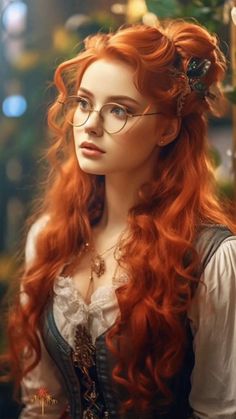 a woman with long red hair wearing glasses