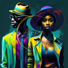 two black people wearing colorful clothing and hats