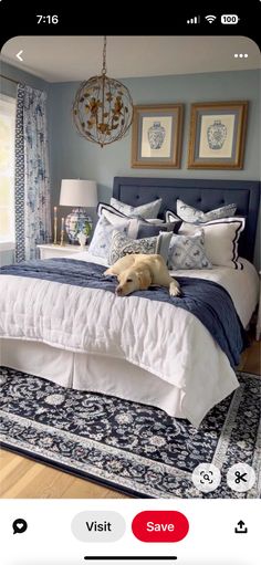 a dog laying on top of a bed in a room with blue and white decor