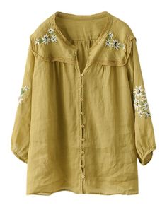 Embroidery Linen Casual Summer Women Shirt Cotton Long Sleeve Blouse With Floral Embroidery, Cotton Button-up Blouse With Floral Embroidery, Long Sleeve Shirt With Floral Embroidery And Relaxed Fit, Relaxed Fit Long Sleeve Shirt With Floral Embroidery, Spring Floral Embroidery Relaxed Fit Shirt, Relaxed Fit Blouse With Floral Embroidery, Casual Long Sleeve Embroidered Blouse, Long Sleeve Tops With Floral Embroidery For Summer, Embroidered Green Blouse For Fall