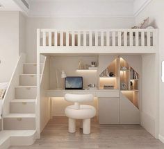 there is a loft bed in the middle of this room with stairs leading up to it