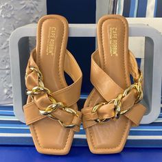 Nude Cognac Square Toe Cross Cross Gold Chain Hardware Flat Slide Sandals Brand New With Small Indentations Flat Sandals True To Size Bamboo Summer Spring Gold Chain Square Toe Summer Slides Summer Sandals Spring Slides Spring Sandals Brown Open Toe Sandals With Chain Strap, Chic Chain Sandals For Beach, Chic Beach Sandals With Chain Detail, Spring Slides, Jelly Flip Flops, Summer Slides, Fabric Sandals, Clarks Women, Cross Gold