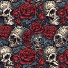 skulls and roses on a black background with red roses in the middle, as well as blue leaves