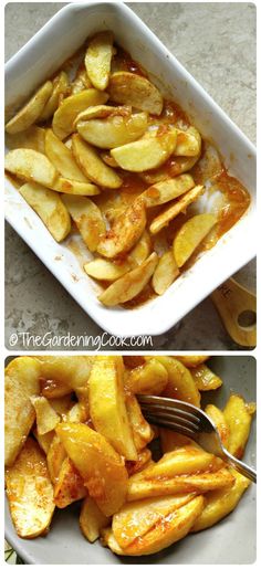 two pictures showing how to make baked potato wedges with caramel sauce in a casserole dish