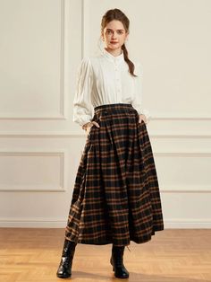 Women Plaided Buckle up Flared Swing Maxi Skirt Classic Fall Skirted Bottoms, Classic Skirted Bottoms For Fall, Chic Long Plaid Skirt, Plaid A-line Skirt With Lining, Chic Pleated Plaid Skirt, Classic Plaid Skirt For Fall, Elegant Plaid Skirt, Elegant Plaid Skirt For Work, Plaid Full Skirt For Work