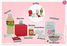 an image of food items that are labeled in english and korean on a pink background