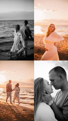 four different shots of people walking on the beach at sunset or sunrise, and one man is holding his wife's hand