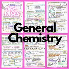 a book cover with the title general chemistry written in black and white on pink paper