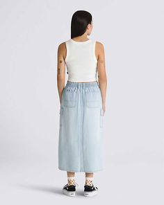 Denim Cargo Skirt For Spring, Denim Blue Cargo Skirt For Spring, Casual Denim Maxi Skirt With Pockets, Denim Blue Cotton Cargo Skirt For Summer, Trendy Medium Wash Cotton Cargo Skirt, Summer Denim Blue Cotton Cargo Skirt, Summer Denim Maxi Skirt With Pockets, Summer Casual Denim Blue Cargo Skirt, High Waist Denim Cargo Skirt For Summer