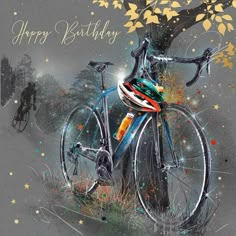 a painting of a bicycle parked next to a tree with the words happy birthday written on it