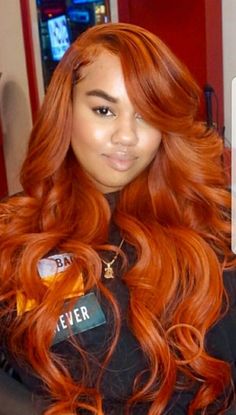 Orange Sew In Weave, Orange Natural Hair, Curly Hair For Black Women, Burnt Orange Hair, Wigs Hairstyles, Hair Colorful, Hair For Black Women, Cute Hair Colors, Sew In Weave