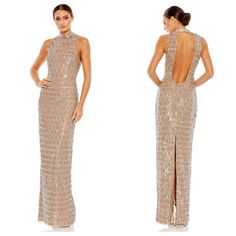 Mac Duggal Sequined High Neck Sleeveless Column Gown In Taupe Size 6 Nwt . Mac Duggal Discover Elegance With This Mac Duggal Halter Neck Gown. Impeccably Crafted, This Gown Is Fully Lined For Comfort And Features A Sophisticated Halter Neckline And Sleeveless Design. The Concealed Back Zipper Ensures Easy Wear. Choose Between The Timeless Black Or The Chic Taupe To Suit Your Style. Elevate Your Wardrobe With This Stunning Mac Duggal Creation, Where Quality Meets Contemporary Sophistication. Shop Sleeveless Maxi Dress With Back Opening For Prom, Glamorous Sleeveless Gown With Back Opening, Sleeveless Evening Dress With Back Opening For Gala, Sleeveless Evening Dress With Back Opening, Sleeveless Sequin Cocktail Gown, Elegant Sleeveless Gown With Back Opening, Glamorous Sleeveless Embellished Maxi Dress, Sleeveless Evening Gown With Sequins, Sleeveless Sequined Evening Gown