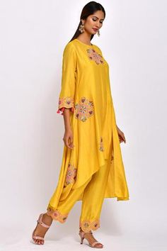 Shop for Swati Vijaivargie Yellow Modal Tussar Embroidered Asymmetric Kurta Set for Women Online at Aza Fashions Luxury Sale, How To Hem Pants, Embroidered Neckline, Scalloped Hem, Straight Pants, Three Quarter, Festival Wear, Floral Motif, Aza Fashion