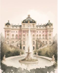 a drawing of a large building with a fountain in front of it