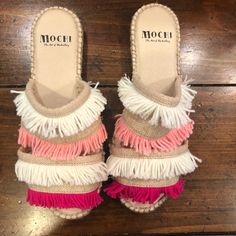 Anthropologie Purchased Sandals By The Brand Mochi. Size 37. Feature Decorative Fringe In Cream, Pink And Fuchsia. Only Worn Once And Look Brand New. Pink Open Toe Espadrilles With Woven Sole, Multicolor Open Toe Espadrilles, Pink Flat Heel Espadrilles For Beach, Casual Pink Open Toe Espadrilles, Multicolor Espadrilles For Summer Beach, Pink Round Toe Espadrilles For Beach, Pink Flat Espadrilles For The Beach, Pink Bohemian Slip-on Sandals, Pink Bohemian Sandals For Spring