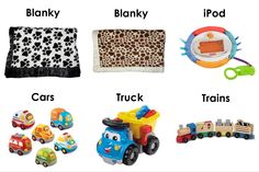 there are many different toys that can be found in this picture, including cars, trucks and blankets