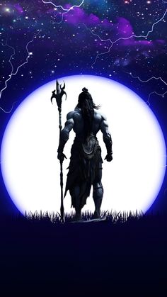 an image of a man holding a spear in front of a full moon