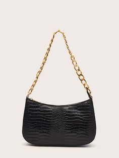 Black Fashionable   PU Leather Crocodile Baguette Bag    Women Bags Pu Leather Bag, Elegant Bags, Crocodile Print, Baguette Bag, Word Wrap, Bead Charm Bracelet, Chain Bag, Trendy Fashion Women, Chain Bags