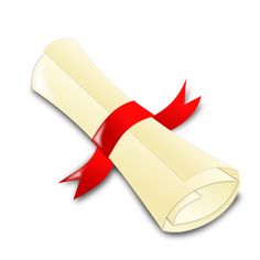 a rolled up diploma with a red ribbon