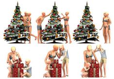 several different images of people decorating a christmas tree with gifts and presents in front of them