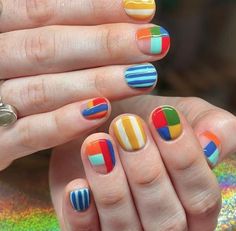 Mod Nail Art, Colored Pencil Nails, Vegetable Nails, Simple Funky Nails, Simple Colorful Nails, Funky Nails Short, Primary Color Nails, Quilt Nails, Colorful French Nails