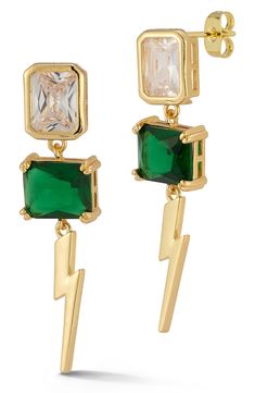 These polished earrings suspend cubic-zirconia stones and thunderbolt drops that bring an edgy vibe to your everyday ensemble. 1.75" drop Post back Rhodium or 18k-gold plate/cubic zirconia Imported Timberland Kids, Trendy Boots, Tom Ford Sunglasses, Flip Flop Slippers, Clutch Pouch, Keep Jewelry, Gold Finish, Jewelry Earrings Dangle