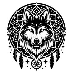 wolf head with dream catcher and stars in the background