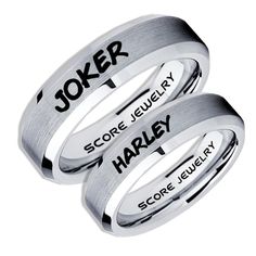 two wedding rings with the words joker and harley engraved on each one in black ink