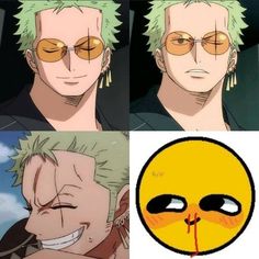 three different pictures of anime characters with yellow eyes and one has an evil look on his face