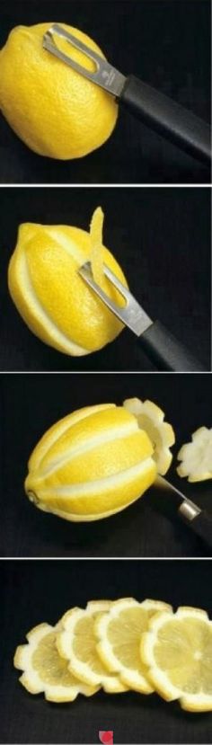 four pictures showing how to cut lemon slices