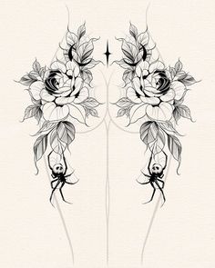 two flowers with long stems and leaves on each side, one is drawn in black ink