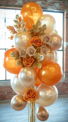 Host a sunset soiree with warm balloon arrangements in shades of orange and gold. Infuse your baby shower with the rich and vibrant hues of a setting sun. Orange And Gold Party Decorations, Shades Of Orange Party Decor, Orange And White Decor, Orange And Gold Birthday Decorations, Orange Balloon Decorations, Orange Birthday Decor, Orange Decorations Party, Balloon Arrangement Ideas, Orange Birthday Theme