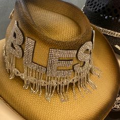 Brand New Custom Made Cowboy Hat. Blinged Out Says Blessed Women Cowboy Hats, Decorative Hats, Cowboy Hats For Women, Western Boho Chic, Classy Hats, Diy Outfits, Custom Outfits, Diy Wings, Ladies Hats