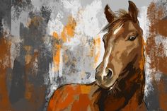 a painting of a brown horse standing in front of a gray background with orange spots